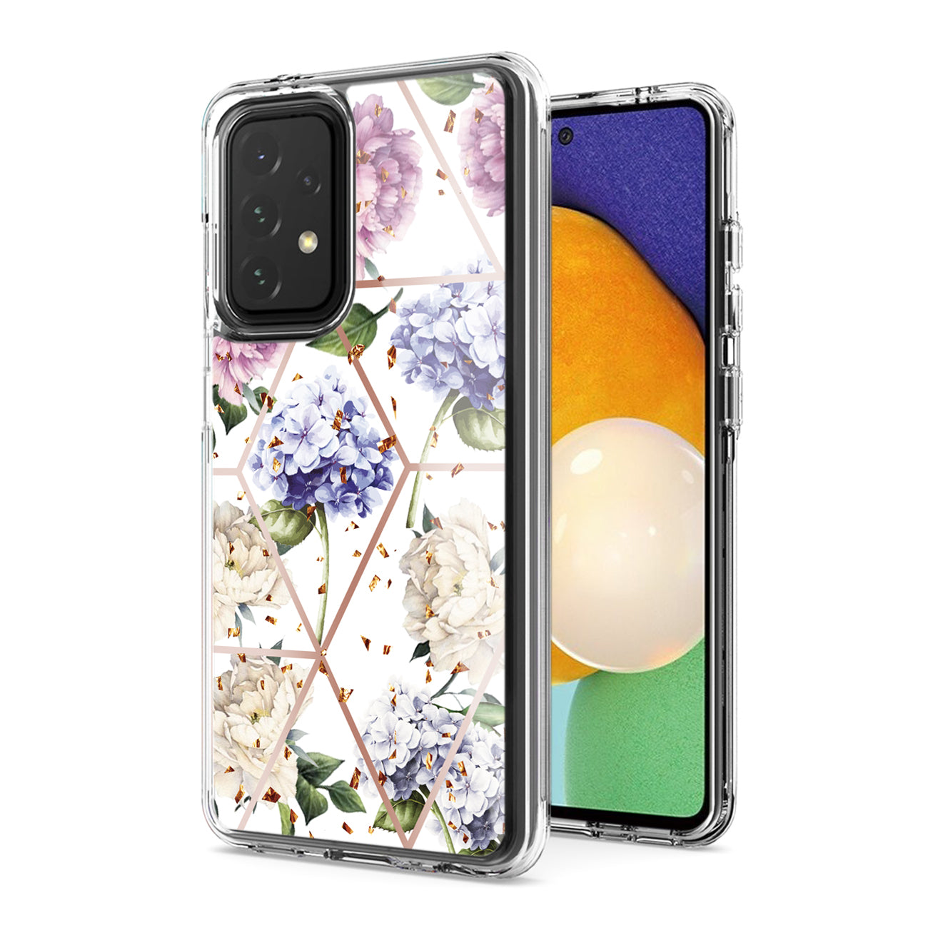 Flower Design Pattern Printing Dual Layer Hybrid Hard Plastic and Soft TPU Rubber Case Cover for SAMSUNG GALAXY A52 5G In Light Purple Base Flower